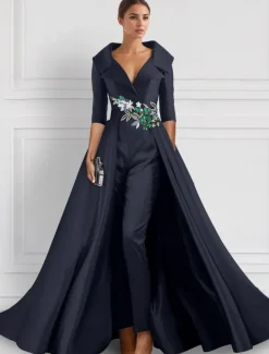 A-Line Evening Gown Elegant Overskirt Jumpsuit Dress Formal Wedding Floral Floor Length Half Sleeve Shirt Collar Satin with Slit Embroidery Appliques