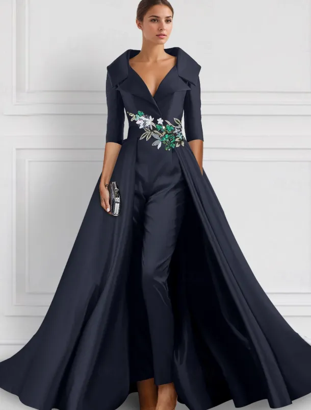 A-Line Evening Gown Elegant Overskirt Jumpsuit Dress Formal Wedding Floral Floor Length Half Sleeve Shirt Collar Satin with Slit Embroidery Appliques