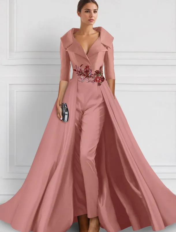 A-Line Evening Gown Elegant Overskirt Jumpsuit Dress Formal Wedding Floral Floor Length Half Sleeve Shirt Collar Satin with Slit Embroidery Appliques