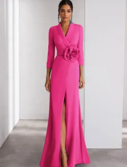 A-Line Evening Gown Elegant Dress Formal Wedding Floor Length Long Sleeve Shirt Collar Stretch Crepe with Slit Shouder Flower