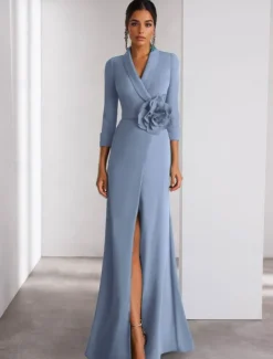 A-Line Evening Gown Elegant Dress Formal Wedding Floor Length Long Sleeve Shirt Collar Stretch Crepe with Slit Shouder Flower