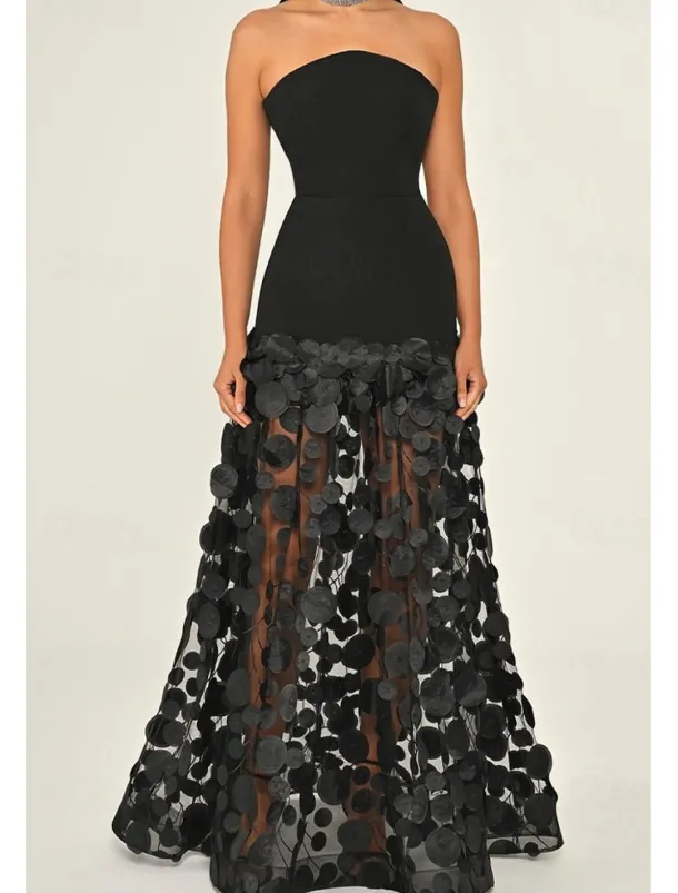 A-Line Evening Gown Elegant Dress Formal Wedding Guest Floor Length Sleeveless Strapless Lace with Tassel
