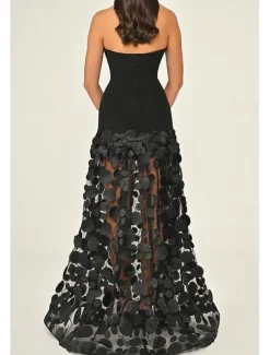 A-Line Evening Gown Elegant Dress Formal Wedding Guest Floor Length Sleeveless Strapless Lace with Tassel
