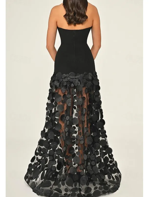 A-Line Evening Gown Elegant Dress Formal Wedding Guest Floor Length Sleeveless Strapless Lace with Tassel