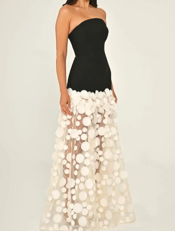 A-Line Evening Gown Elegant Dress Formal Wedding Guest Floor Length Sleeveless Strapless Lace with Tassel