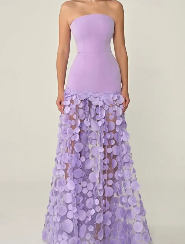A-Line Evening Gown Elegant Dress Formal Wedding Guest Floor Length Sleeveless Strapless Lace with Tassel