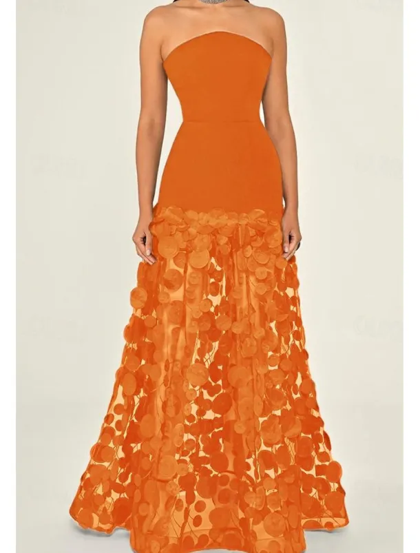 A-Line Evening Gown Elegant Dress Formal Wedding Guest Floor Length Sleeveless Strapless Lace with Tassel