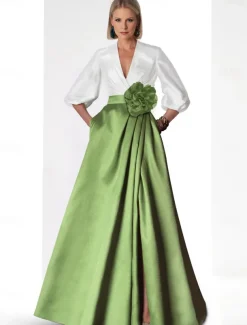 A-Line Evening Gown Elegant Dress Formal Floor Length 3/4 Length Sleeve V Neck Pocket Satin with Slit