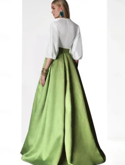 A-Line Evening Gown Elegant Dress Formal Floor Length 3/4 Length Sleeve V Neck Pocket Satin with Slit