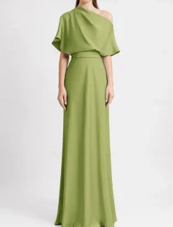 A-Line Evening Gown Elegant Dress Beach Wedding Formal Wedding Guest Floor Length Sleeveless One Shoulder Satin with Pleats Butterfly