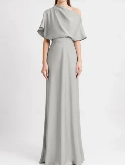 A-Line Evening Gown Elegant Dress Beach Wedding Formal Wedding Guest Floor Length Sleeveless One Shoulder Satin with Pleats Butterfly