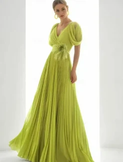 A-Line Evening Gown Elegant Dress Beach Wedding Formal Floor Length Short Sleeve V Neck Chiffon with Feather Ruched