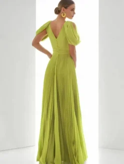 A-Line Evening Gown Elegant Dress Beach Wedding Formal Floor Length Short Sleeve V Neck Chiffon with Feather Ruched