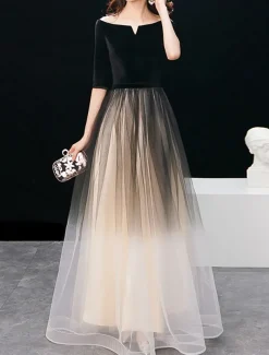 A-Line Evening Gown Elegant Dress Wedding Guest Prom Floor Length Half Sleeve Jewel Neck Tulle with Sleek