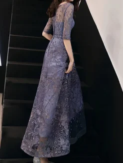 A-Line Evening Gown Elegant Dress Wedding Guest Formal Evening Floor Length Half Sleeve Jewel Neck Tulle with Embroidery Pattern / Print free custom size