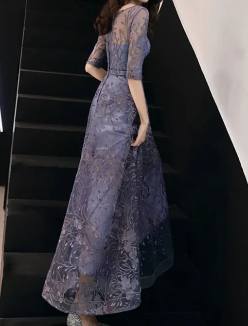 A-Line Evening Gown Elegant Dress Wedding Guest Formal Evening Floor Length Half Sleeve Jewel Neck Tulle with Embroidery Pattern / Print free custom size