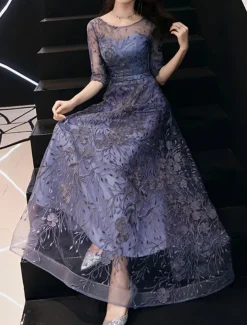 A-Line Evening Gown Elegant Dress Wedding Guest Formal Evening Floor Length Half Sleeve Jewel Neck Tulle with Embroidery Pattern / Print free custom size