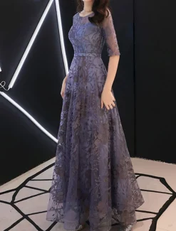 A-Line Evening Gown Elegant Dress Wedding Guest Formal Evening Floor Length Half Sleeve Jewel Neck Tulle with Embroidery Pattern / Print free custom size