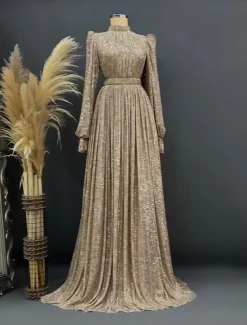 A-Line Evening Gown Elegant Dress Black Tie Floor Length Long Sleeve Jewel Neck Fall Wedding Guest Sequined with Ruched Masquerade Dress