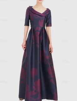 A-Line Evening Gown Elegant Dress Formal Wedding Floor Length Half Sleeve Shirt Collar Pocket Satin with Floral Print