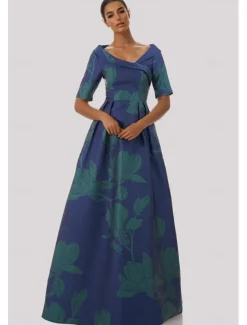 A-Line Evening Gown Elegant Dress Formal Wedding Floor Length Half Sleeve Shirt Collar Pocket Satin with Floral Print