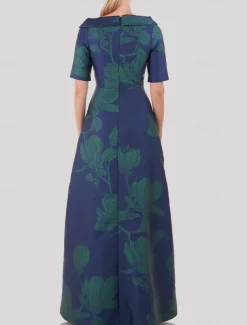 A-Line Evening Gown Elegant Dress Formal Wedding Floor Length Half Sleeve Shirt Collar Pocket Satin with Floral Print