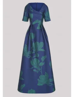 A-Line Evening Gown Elegant Dress Formal Wedding Floor Length Half Sleeve Shirt Collar Pocket Satin with Floral Print