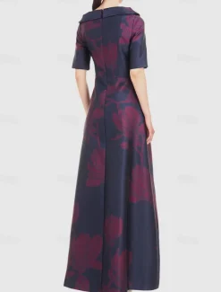 A-Line Evening Gown Elegant Dress Formal Wedding Floor Length Half Sleeve Shirt Collar Pocket Satin with Floral Print