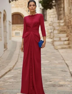 A-Line Evening Gown Elegant Dress Formal Wedding Guest Floor Length Long Sleeve Crew Neck Detachable Stretch Crepe with Ruched