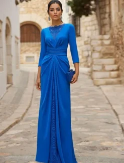 A-Line Evening Gown Elegant Dress Formal Wedding Guest Floor Length Long Sleeve Crew Neck Detachable Stretch Crepe with Ruched