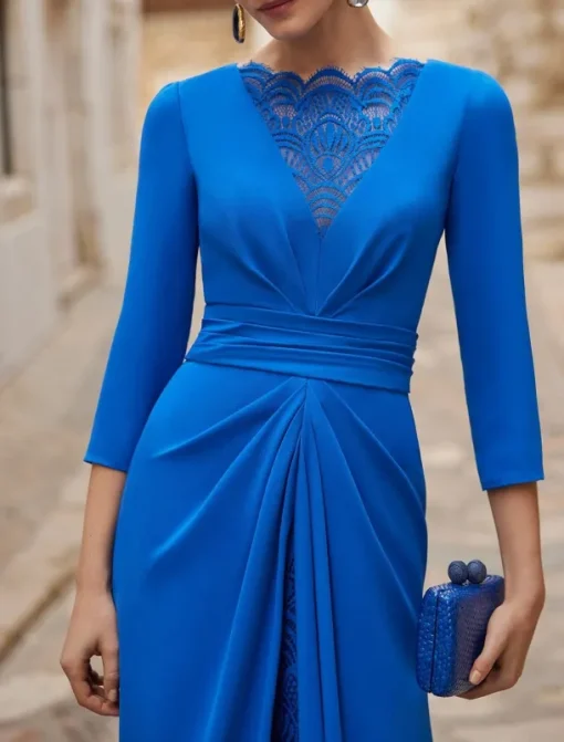 A-Line Evening Gown Elegant Dress Formal Wedding Guest Floor Length Long Sleeve Crew Neck Detachable Stretch Crepe with Ruched