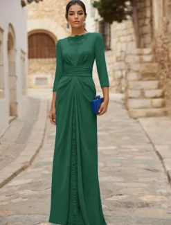 A-Line Evening Gown Elegant Dress Formal Wedding Guest Floor Length Long Sleeve Crew Neck Detachable Stretch Crepe with Ruched