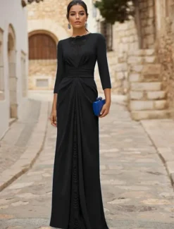 A-Line Evening Gown Elegant Dress Formal Wedding Guest Floor Length Long Sleeve Crew Neck Detachable Stretch Crepe with Ruched