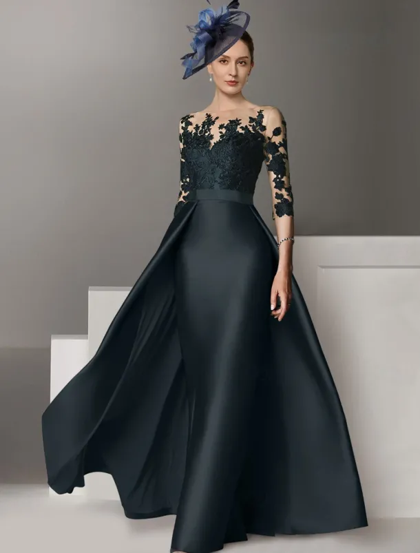 A-Line Evening Gown Elegant Dress Wedding Guest Sweep / Brush Train Long Sleeve Scoop Neck Stretch Satin with Appliques