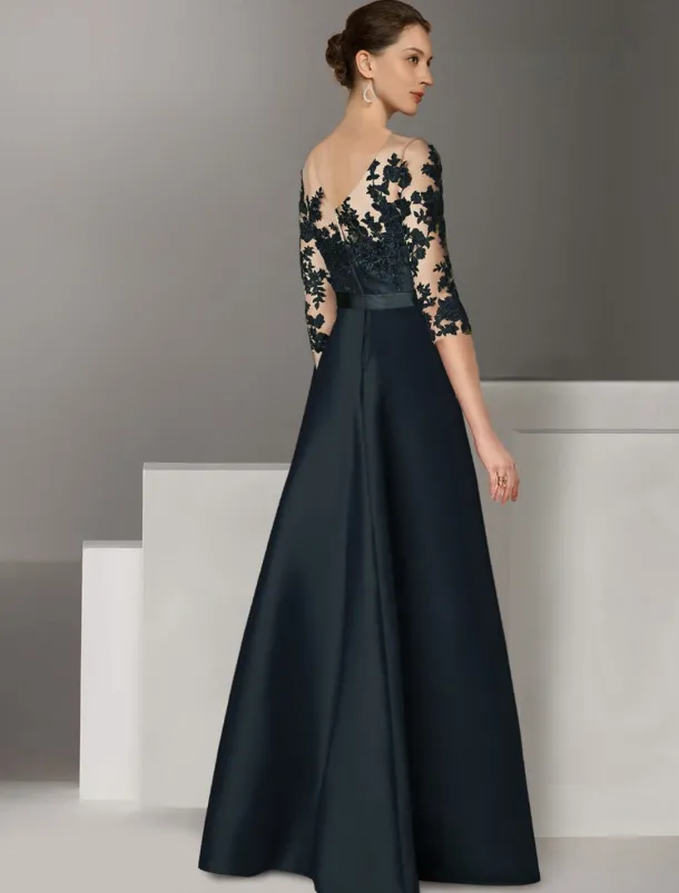 A-Line Evening Gown Elegant Dress Wedding Guest Sweep / Brush Train Long Sleeve Scoop Neck Stretch Satin with Appliques
