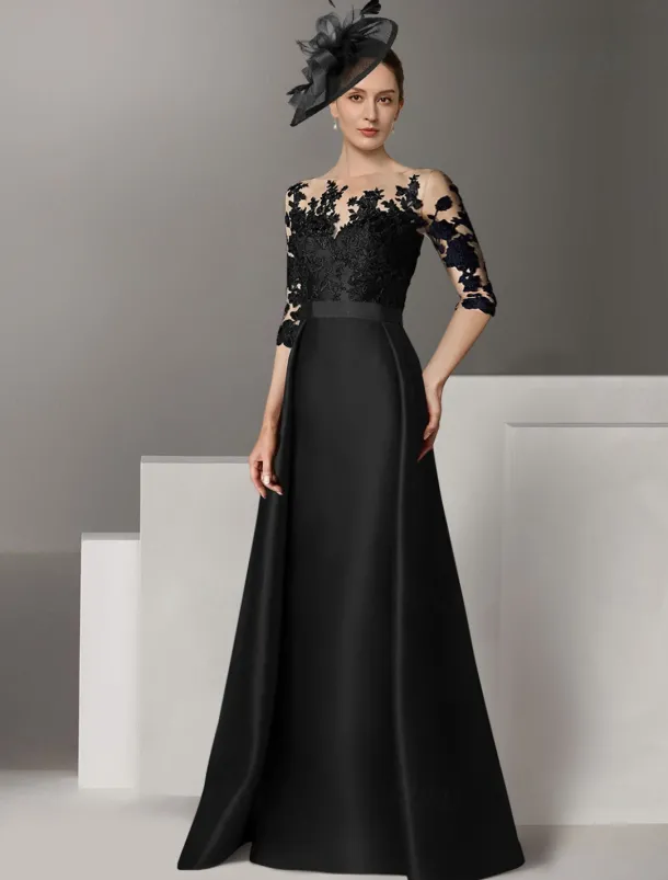 A-Line Evening Gown Elegant Dress Wedding Guest Sweep / Brush Train Long Sleeve Scoop Neck Stretch Satin with Appliques