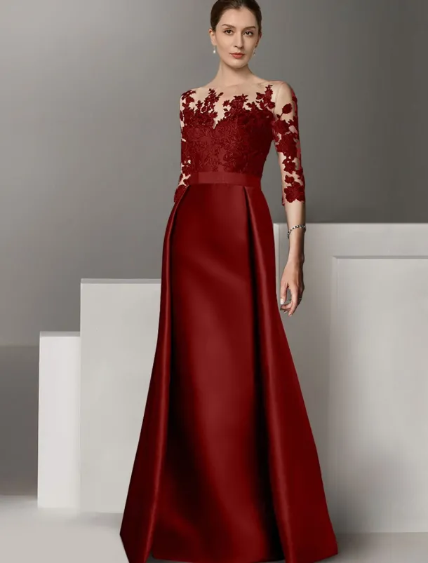 A-Line Evening Gown Elegant Dress Wedding Guest Sweep / Brush Train Long Sleeve Scoop Neck Stretch Satin with Appliques
