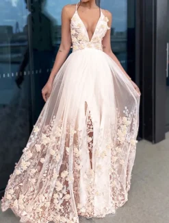 A-Line Evening Gown Floral Dress Wedding Guest Homecoming Floor Length Short Sleeve V Neck Tulle with Draping Appliques