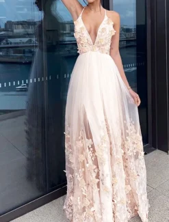 A-Line Evening Gown Floral Dress Wedding Guest Homecoming Floor Length Short Sleeve V Neck Tulle with Draping Appliques