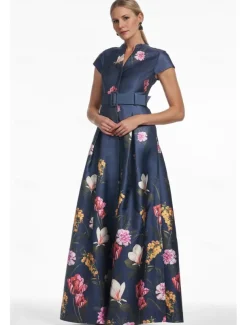 A-Line Evening Gown High Split Dress Formal Wedding Guest Floor Length Short Sleeve V Neck Pocket Satin with Floral Print Slit Pocket Race Day Dress Wedding Guest Dress