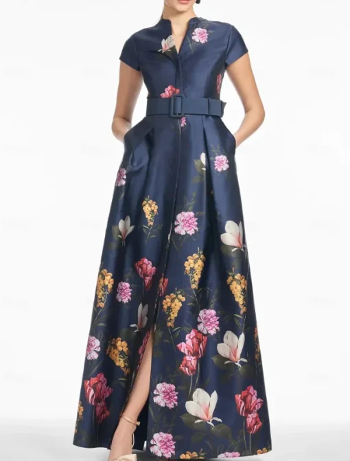 A-Line Evening Gown High Split Dress Formal Wedding Guest Floor Length Short Sleeve V Neck Pocket Satin with Floral Print Slit Pocket Race Day Dress Wedding Guest Dress