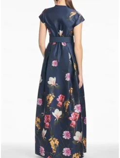 A-Line Evening Gown High Split Dress Formal Wedding Guest Floor Length Short Sleeve V Neck Pocket Satin with Floral Print Slit Pocket Race Day Dress Wedding Guest Dress