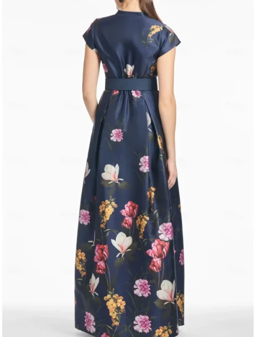 A-Line Evening Gown High Split Dress Formal Wedding Guest Floor Length Short Sleeve V Neck Pocket Satin with Floral Print Slit Pocket Race Day Dress Wedding Guest Dress