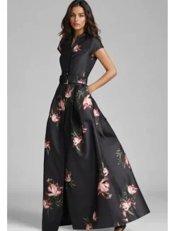 A-Line Evening Gown High Split Dress Formal Wedding Guest Floor Length Short Sleeve V Neck Pocket Satin with Floral Print Slit Pocket Race Day Dress Wedding Guest Dress