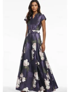 A-Line Evening Gown High Split Dress Formal Wedding Guest Floor Length Short Sleeve V Neck Pocket Satin with Floral Print Slit Pocket Race Day Dress Wedding Guest Dress