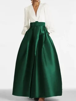 A-Line Evening Gown High Split Dress Formal Wedding Guest Floor Length Long Sleeve V Neck Belt / Sash Satin with Pleats Slit