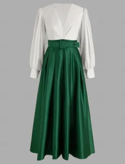 A-Line Evening Gown High Split Dress Formal Wedding Guest Floor Length Long Sleeve V Neck Belt / Sash Satin with Pleats Slit