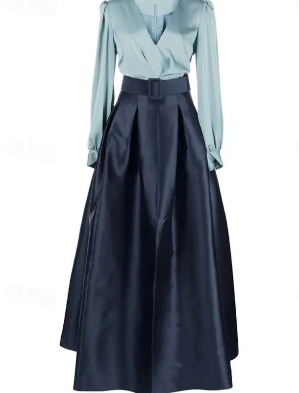 A-Line Evening Gown High Split Dress Formal Wedding Guest Floor Length Long Sleeve V Neck Belt / Sash Satin with Pleats Slit