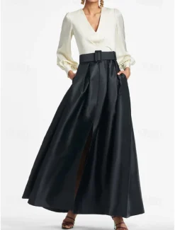 A-Line Evening Gown High Split Dress Formal Wedding Guest Floor Length Long Sleeve V Neck Belt / Sash Satin with Pleats Slit