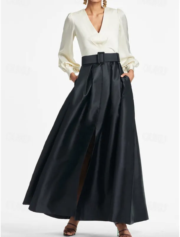 A-Line Evening Gown High Split Dress Formal Wedding Guest Floor Length Long Sleeve V Neck Belt / Sash Satin with Pleats Slit